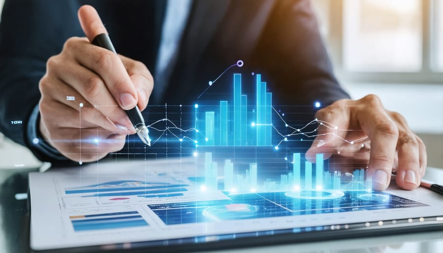 Close-up of loan officer working with financial documents and digital tools