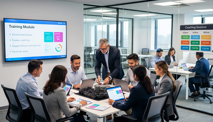 Employee engaged in digital learning module with instructor support in background
