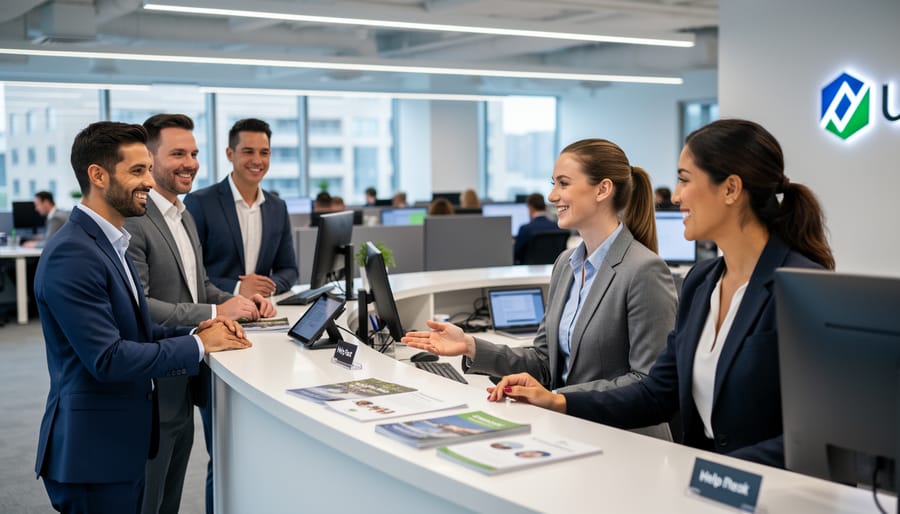 Sports betting employee providing professional customer service at betting counter
