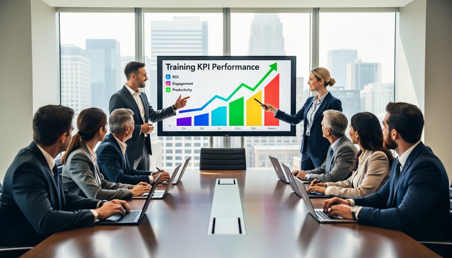 Business professional reviewing training program effectiveness metrics on digital tablet