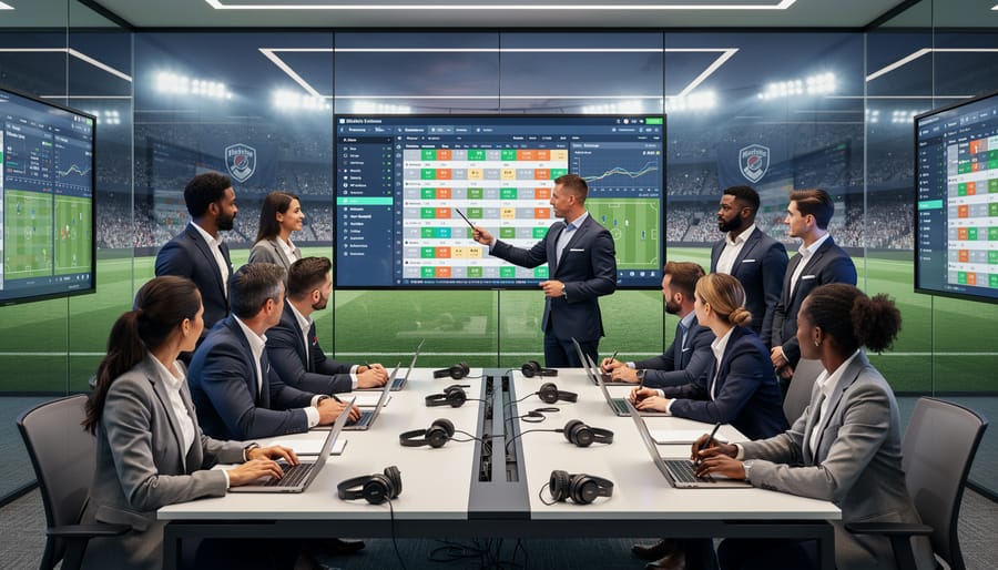 Diverse group of sports betting employees participating in professional training session at conference table
