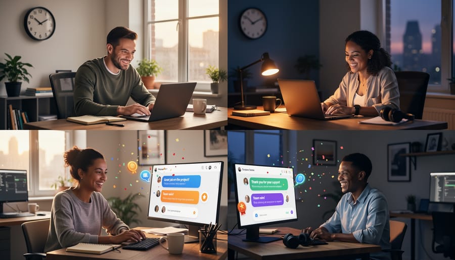 Hands holding phone displaying team recognition messages and celebration emojis