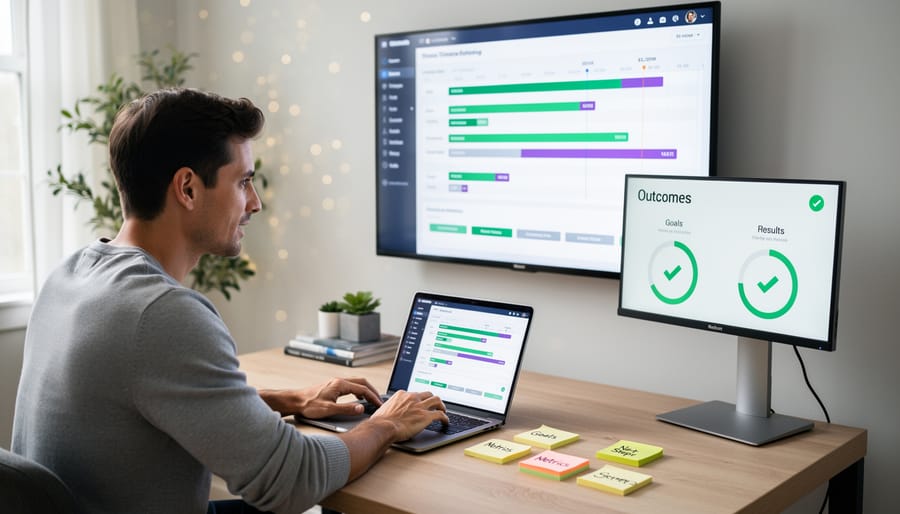 Person planning work outcomes in notebook with laptop dashboard in background