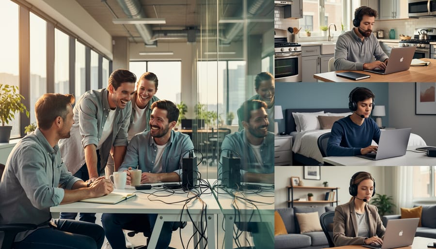 Laptop screen showing multiple remote workers in separate video call windows