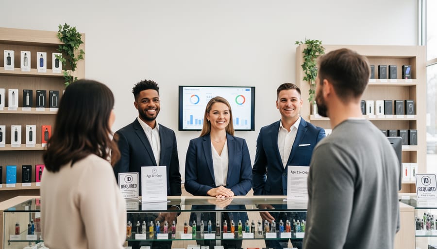 Senior vape retail employee training new staff member on product knowledge