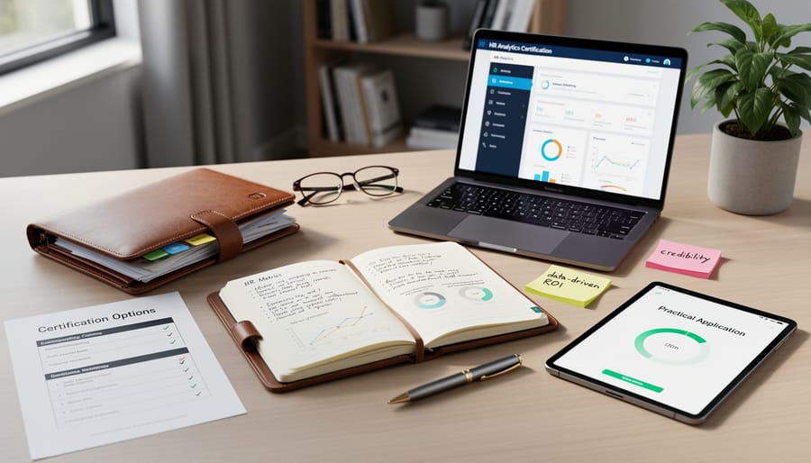 Consultant holding a portfolio and pointing at a blank notebook page in a bright workspace
