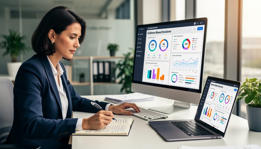 HR professional reviewing analytics on a tablet at a modern desk