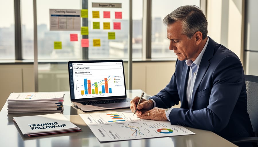 Corporate executive reviewing leadership materials and engaging on a call in an office setting.