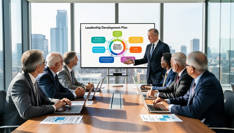 Diverse corporate managers attentively discussing leadership development in a modern meeting room.