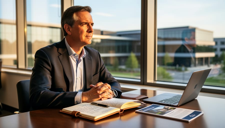 Executive in a quiet office reviewing a blank notebook with reflective light in the window