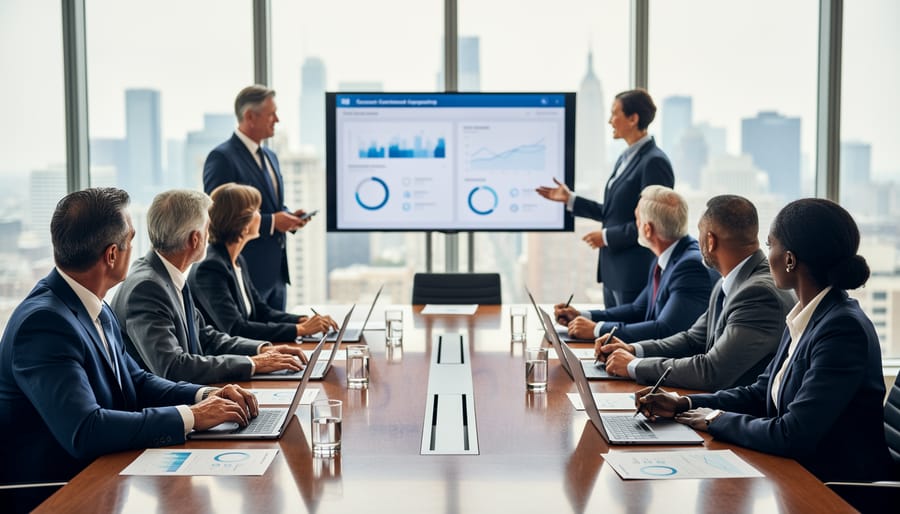 Executive leadership team meeting in a modern boardroom with glass walls and natural light