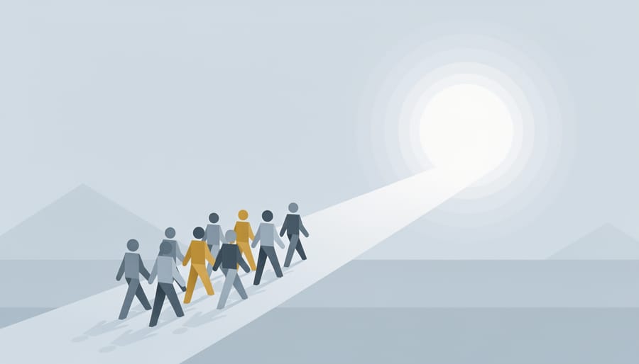 Group of professionals walking together toward a sunlit doorway, symbolizing leadership readiness and momentum.