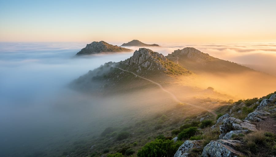 Leader walking through foggy mountain pass as sunlight breaks through clouds