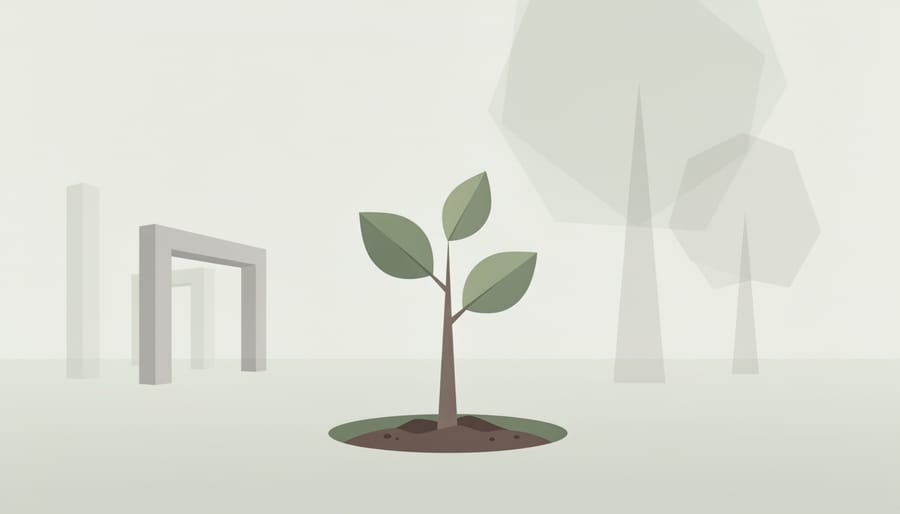 Oak sapling planted in rich soil with a watering can nearby and a blurred corporate building in the background