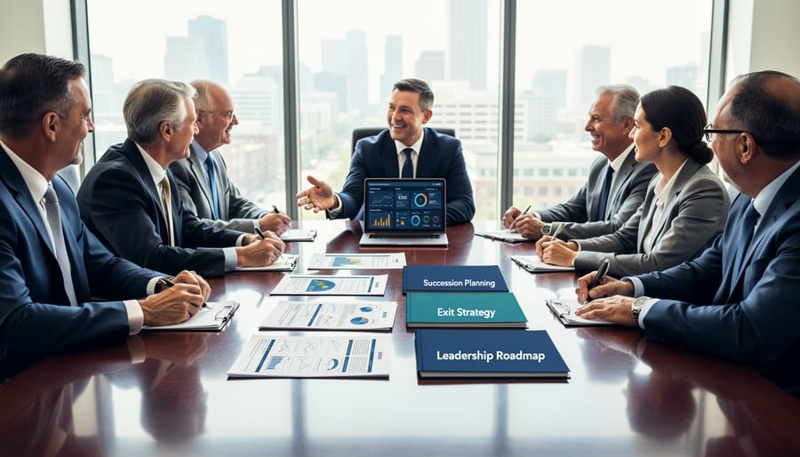 Ontario business owner reviewing documents in a meeting room while discussing leadership transition with a colleague