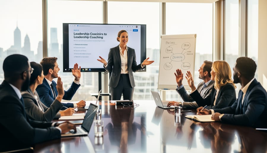 Trainer facilitates an interactive leadership discussion during a corporate training session with a blank flip chart in view.