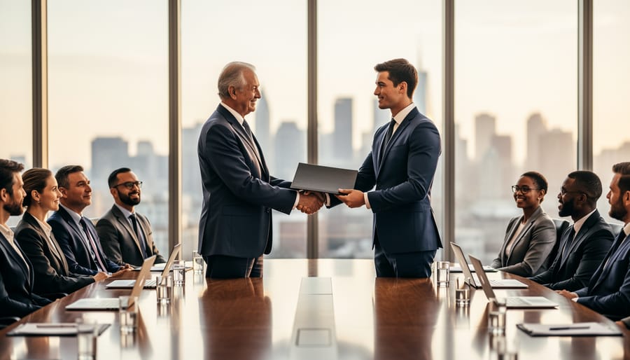 Two executives completing a leadership handover in a boardroom with a tablet and attentive body language