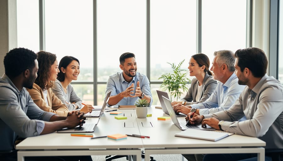 Diverse employees collaborating and listening during a meeting in a modern office