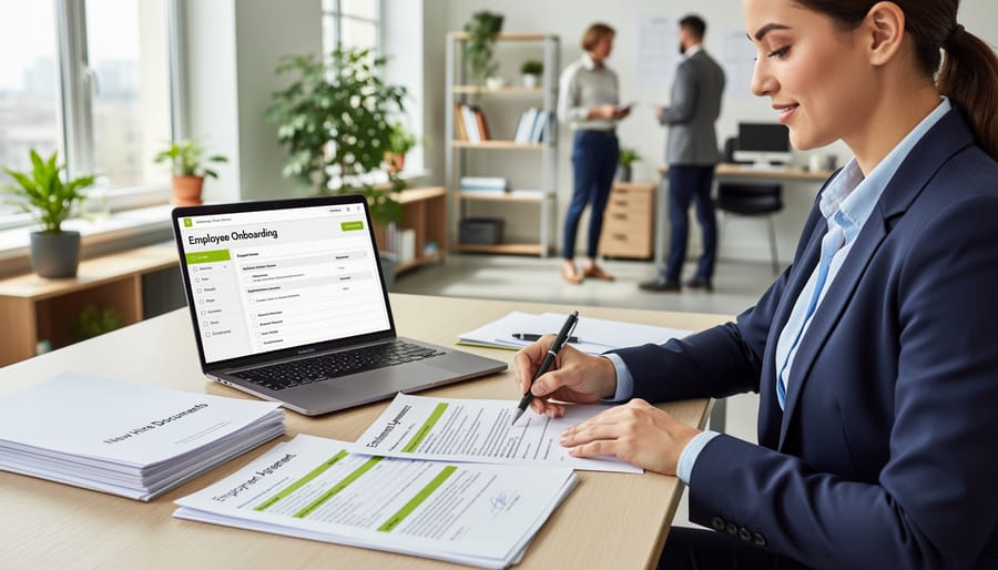 HR professional sorting onboarding paperwork into folders on a desk