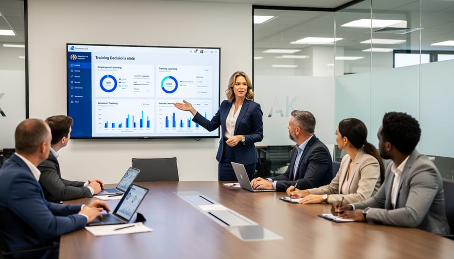 HR professional holding a tablet and laptop while employees attend a training session in the background