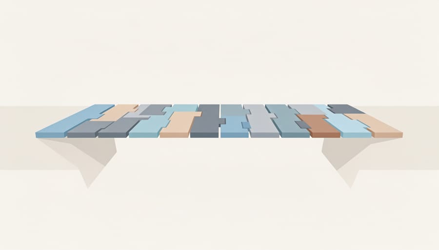 Interlocking wooden bridge planks over calm water at golden hour