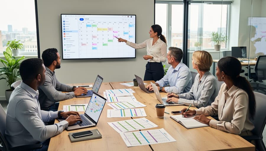 Coworkers in an office meeting with a calendar and notes on a table