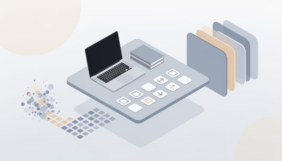 Neatly organized office desk with stacked documents and an uncluttered inbox tray