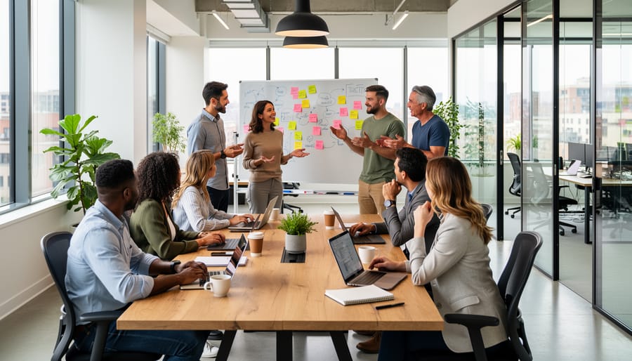 Professionals working together in a modern coworking space with laptops open