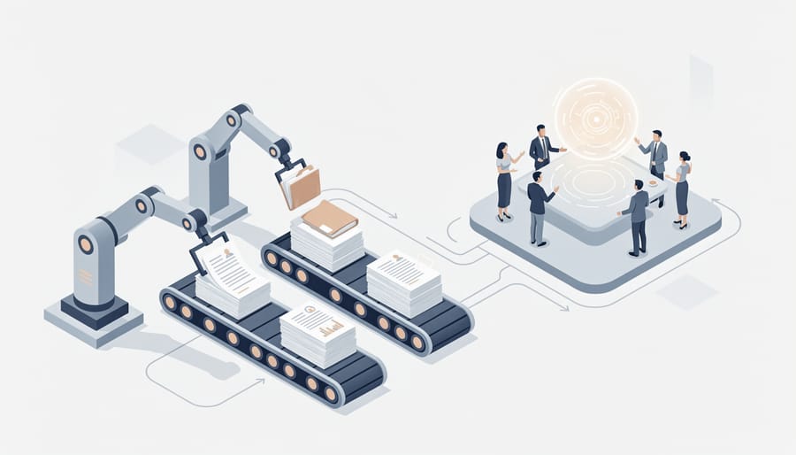 Automated document processing machine handling paperwork in a modern office workspace