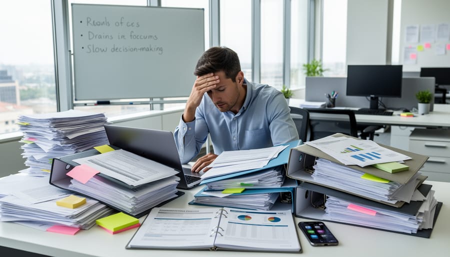 Team lead overwhelmed by cluttered paperwork and a busy work setup at an office desk