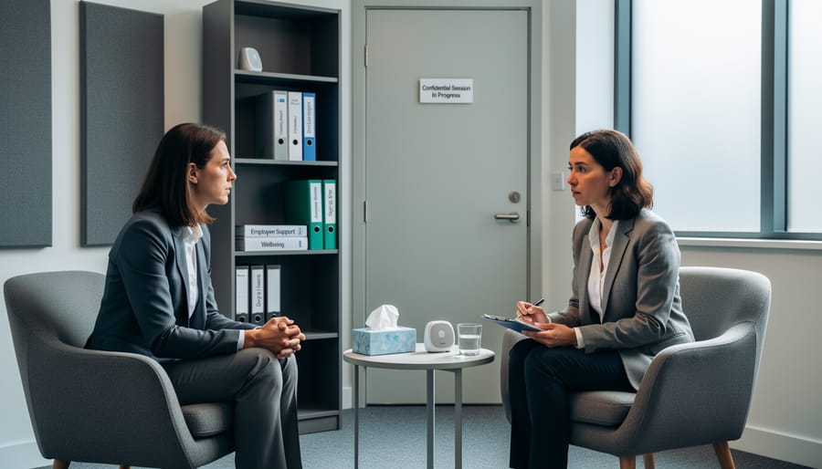 Two people seated across from each other in a counseling-like office setting.