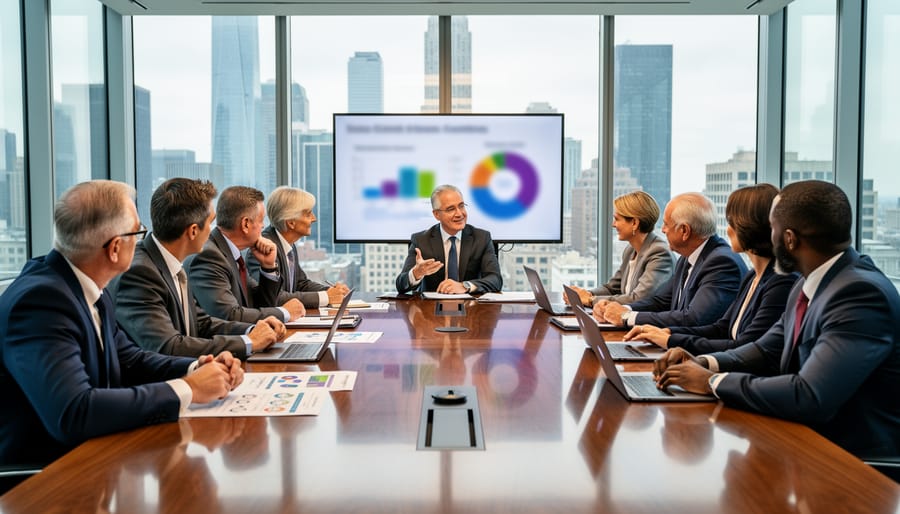 Diverse senior executives meeting around a conference table in a modern boardroom.