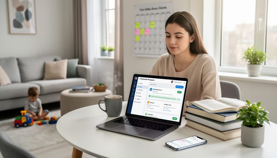 Person studying on a laptop in a home office with notes and a notebook nearby