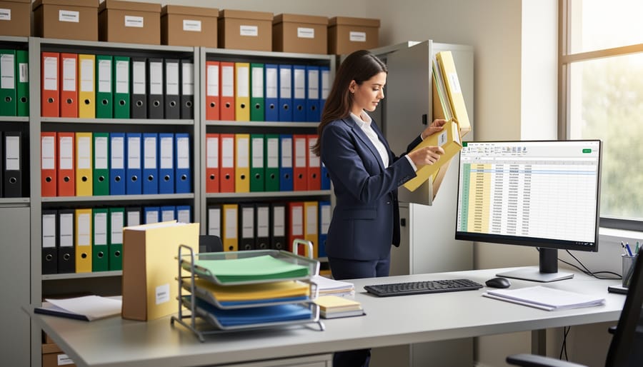 Professional in office filing documents into organized cabinets with blank labels