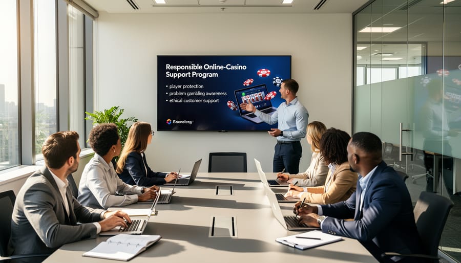 Employees and a facilitator attending a workplace training session in a conference room.