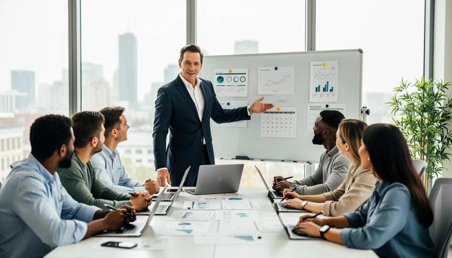 Administrative manager collaborating with colleagues during a meeting in a conference room