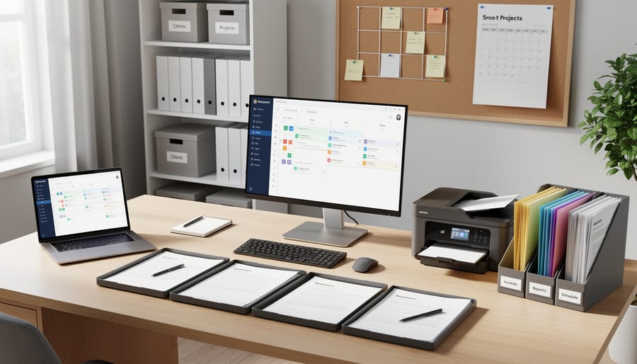 Administrative workspace with organized notes and office supplies arranged on a desk