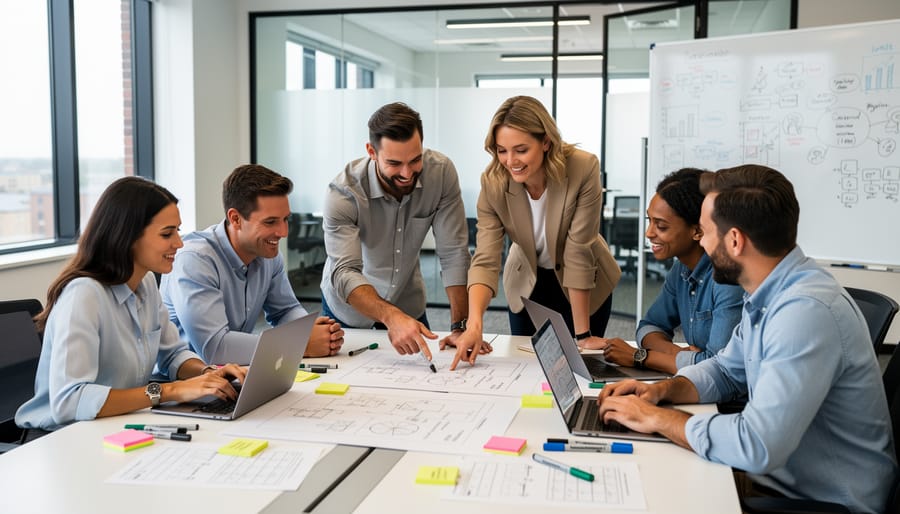 Employees from different departments collaborating around a conference table with engaged, friendly body language