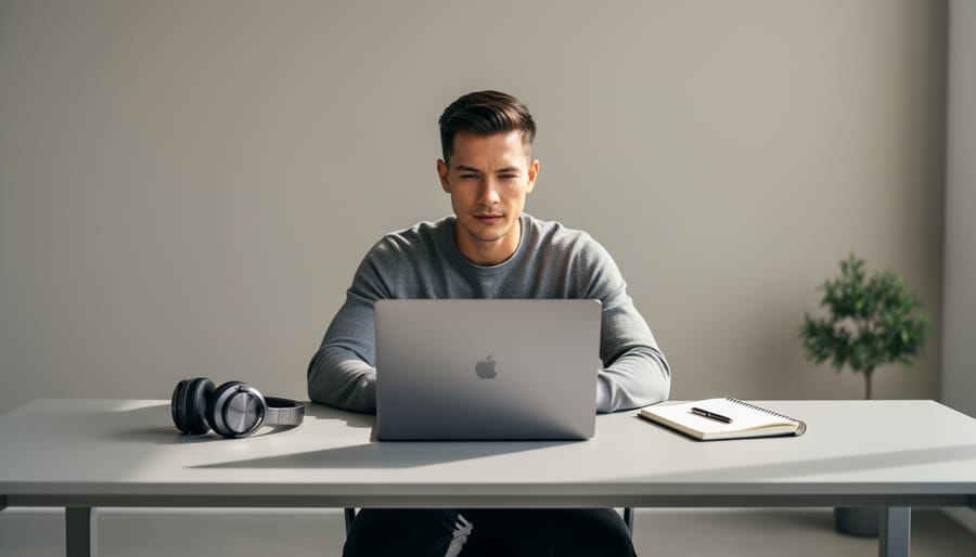 Worker using a computer with a minimal clutter-free desk and essential documents and notebook nearby