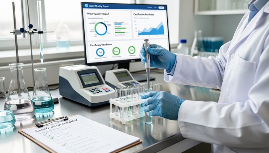 Close-up of a person wearing lab safety gear holding a sampling bottle at a laboratory bench.