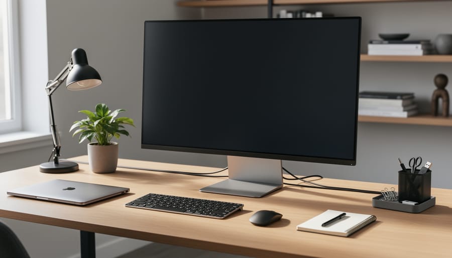Neatly organized computer desk with monitor, keyboard, desk organizer, and managed cables