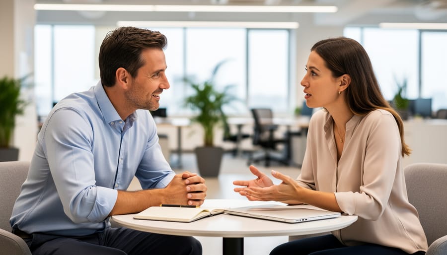 Two managers having an attentive one-on-one conversation, making eye contact and listening.
