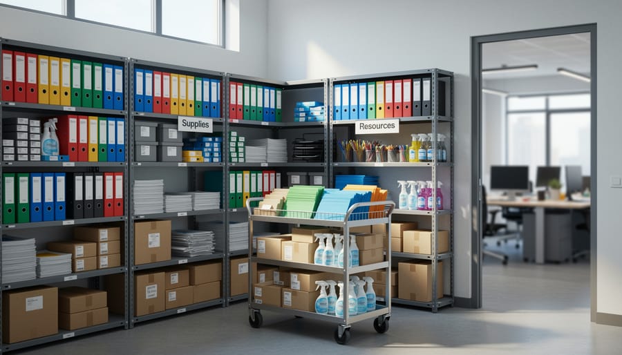 Staff member unloading office supplies from a rolling cart in a storage area