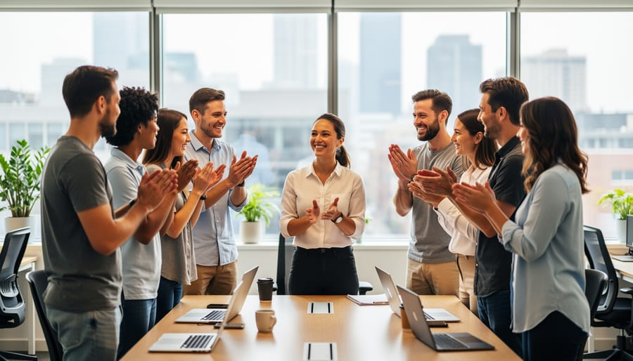 Coworkers applauding as one employee receives a small award during a team celebration