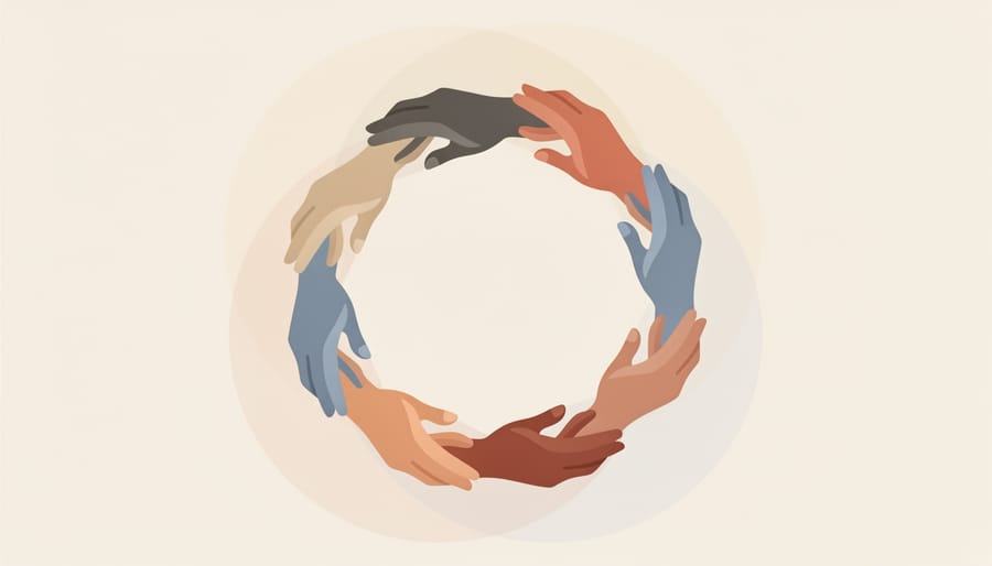 A diverse group forms a circle with open hands, symbolizing trust and open communication
