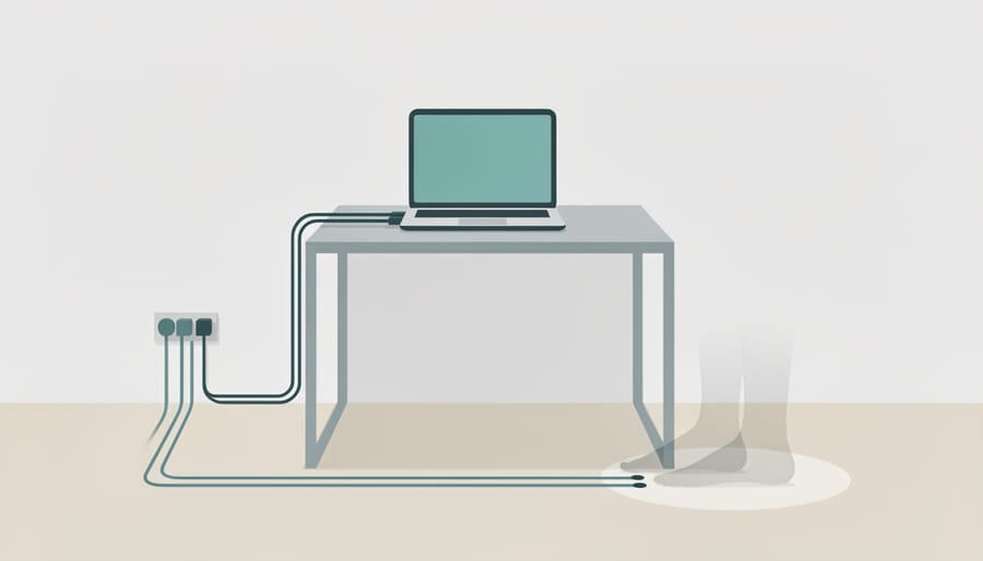 Hands organizing power strip and cables safely with cable clips beneath a computer desk