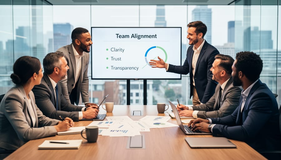 Managers and employees collaborating during a team meeting with notebooks and notes on a shared workspace.