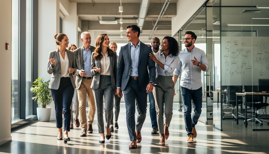 A manager and employee walking together in an office hallway with supportive body language.