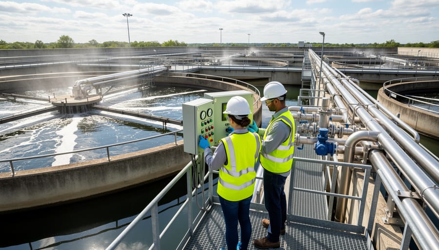Wastewater treatment plant with aeration tanks and an operator near the railing under an overcast sky.