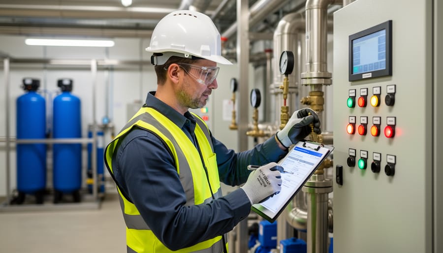 Water facility operator in high-visibility safety gear inspecting equipment.